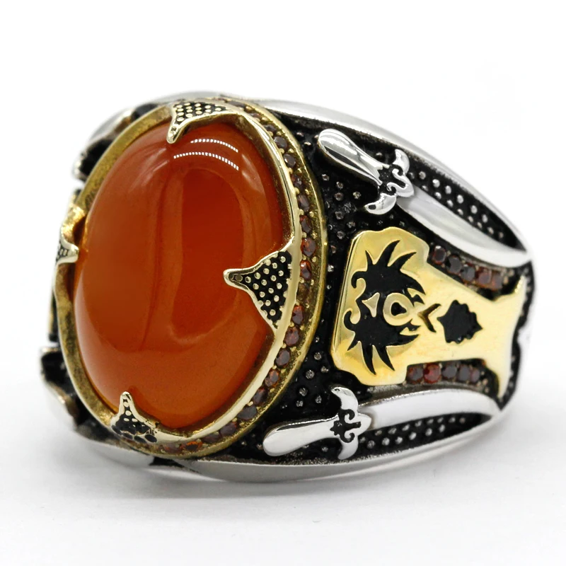 Genuine 925 Silver Men\'s Ring With Aqeeq Stone Islam Muslim Double Swords Vintage Rings Turkish Jewelry Skull Fine Jewelry Gift