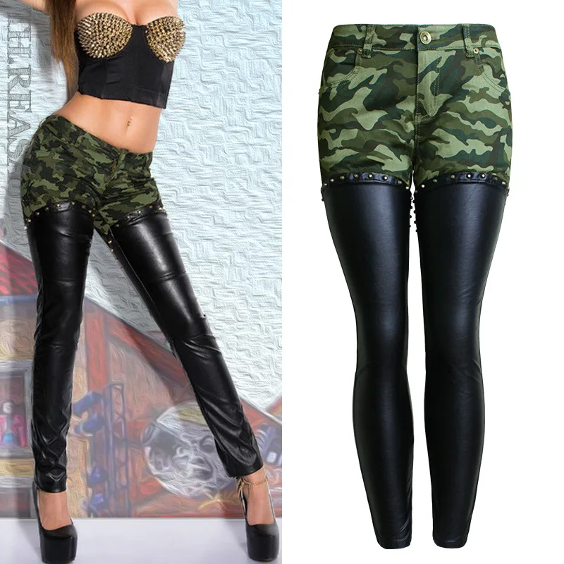 

New Women Pants Camo Stitching PU Leather Pants Children Autumn Zipper Leg Rivets Slim Leggings Pants