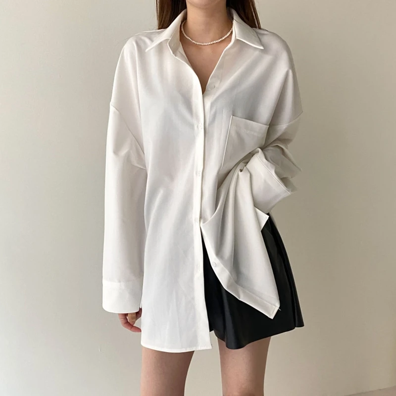 Chic Women Solid Shirt Office Ladies Casual Summer Tops Female Korean Long Sleeves Blouses Pocket Shirts