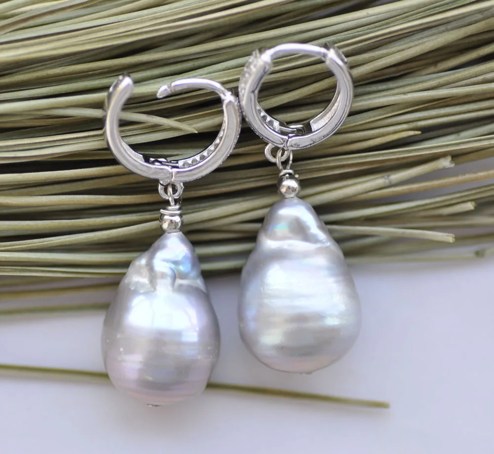 P7689 19mm Gray Baroque Keshi Pearl Dangle Earring CZ