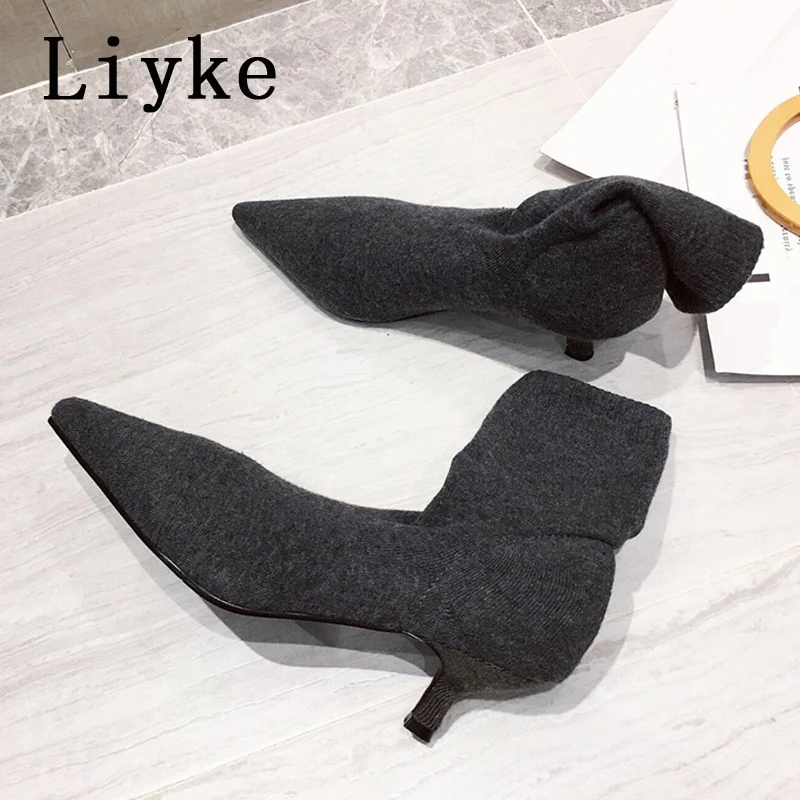 Liyke Spring Autumn Casual Cozy Black Stretch Fabric Ankle Sock Boots Women Pointed Toe Low Thin Heels Slip On Shoes