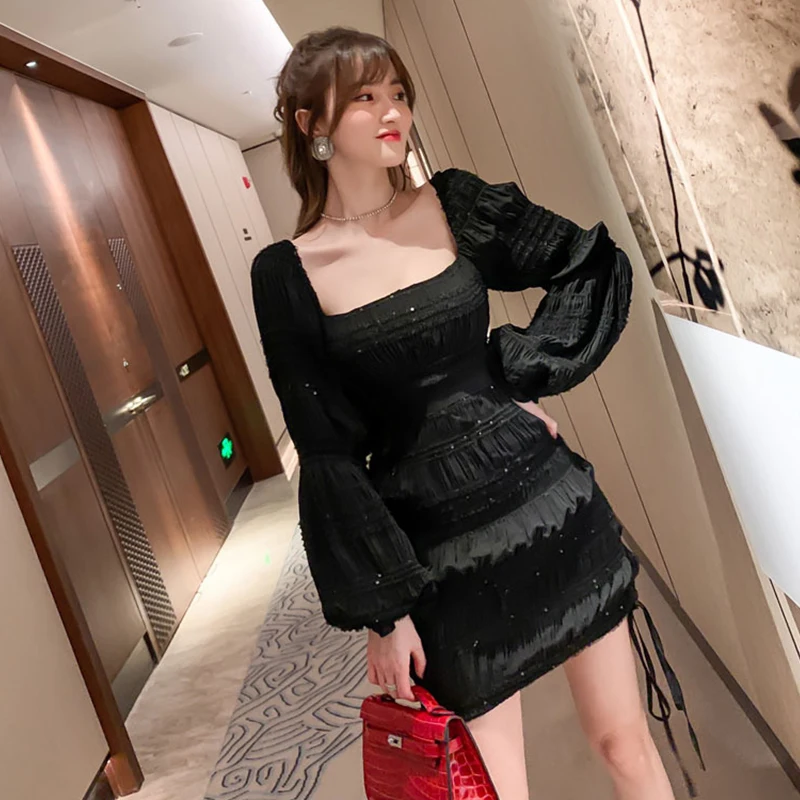 Autumn Women Vintage Lantern Sleeve Mini Party Club Dress Sexy Square Neck Sequin Elegant Coffee Break Folds Black Short Dress