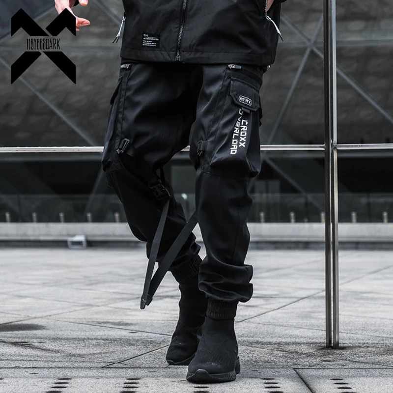 Calças de carga funcional tático joggers calças de cintura elástica preto dos homens hip hop streetwear multi-bolso calças techwear wb350