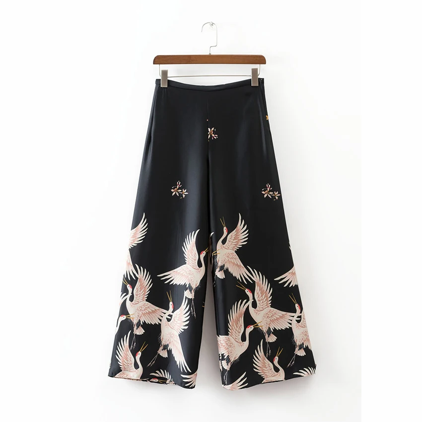 Loose Style Japanese Harajuku Women Wide Leg Cropped Trousers Crane Print Female Elastic Autumn Oriental Chinese Pants