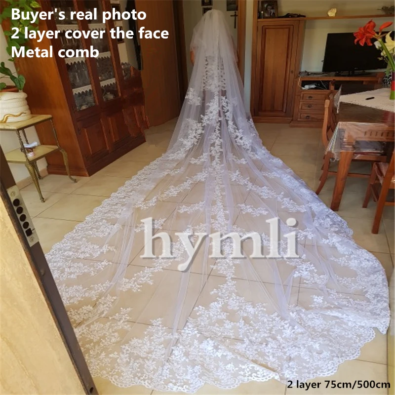 Real Photos White / Ivory Lace Wedding Veil 2 Layer 5 Meters Long Bridal Veil Church Veil Blush Veil with Metal Comb