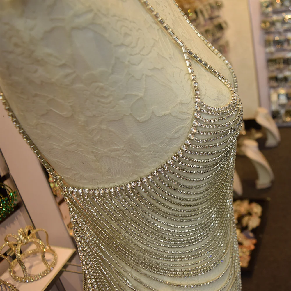 Luxury good quanlity  Sexy Rhinestone glass Bra Bikini Mesh Body Chain Bra Accessories for Women Charm Crystal Body Jewelry