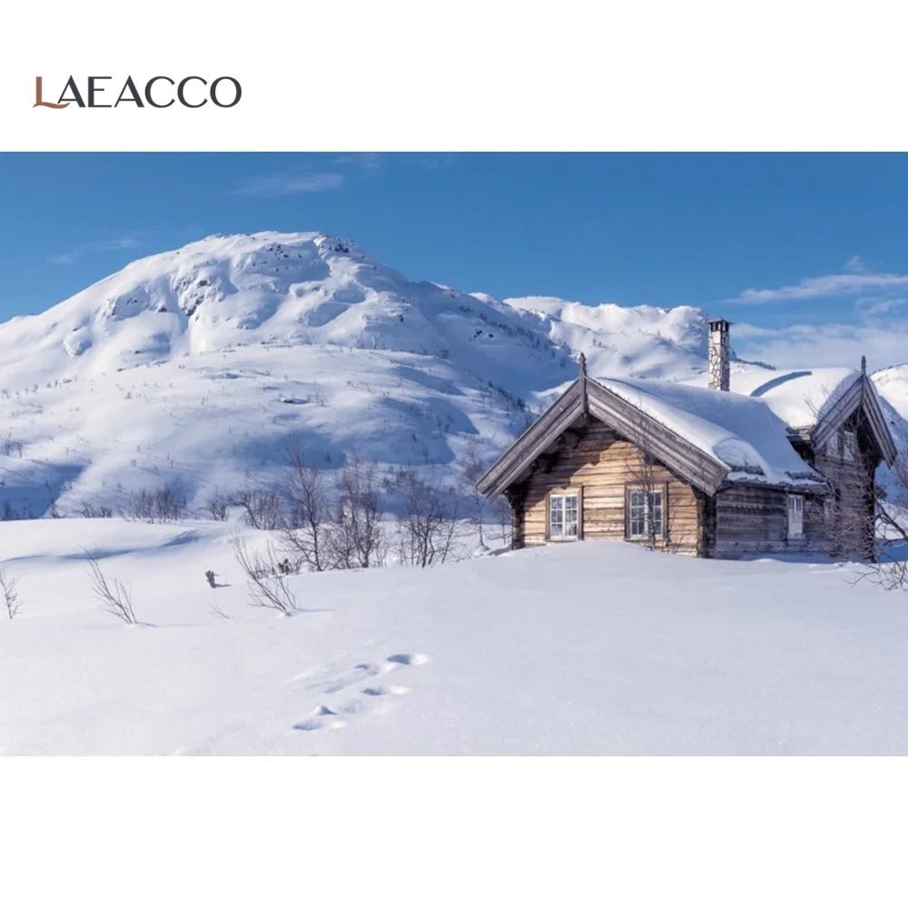 Laeacco Winter Snowscape Photo Backdrop Snow Mountain Wood Cabin Scenic Photography Background Photocall For Photo Studio Props