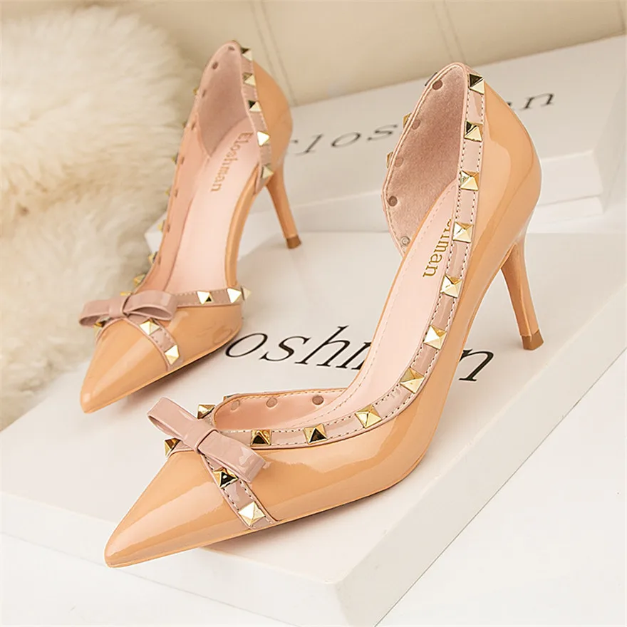 2024 New Sweet Bowknot Rivets Shallow Women Pumps Party Patent Leather Pointed Toe High Heels Shoes Cut-Outs Ladies Office Shoes