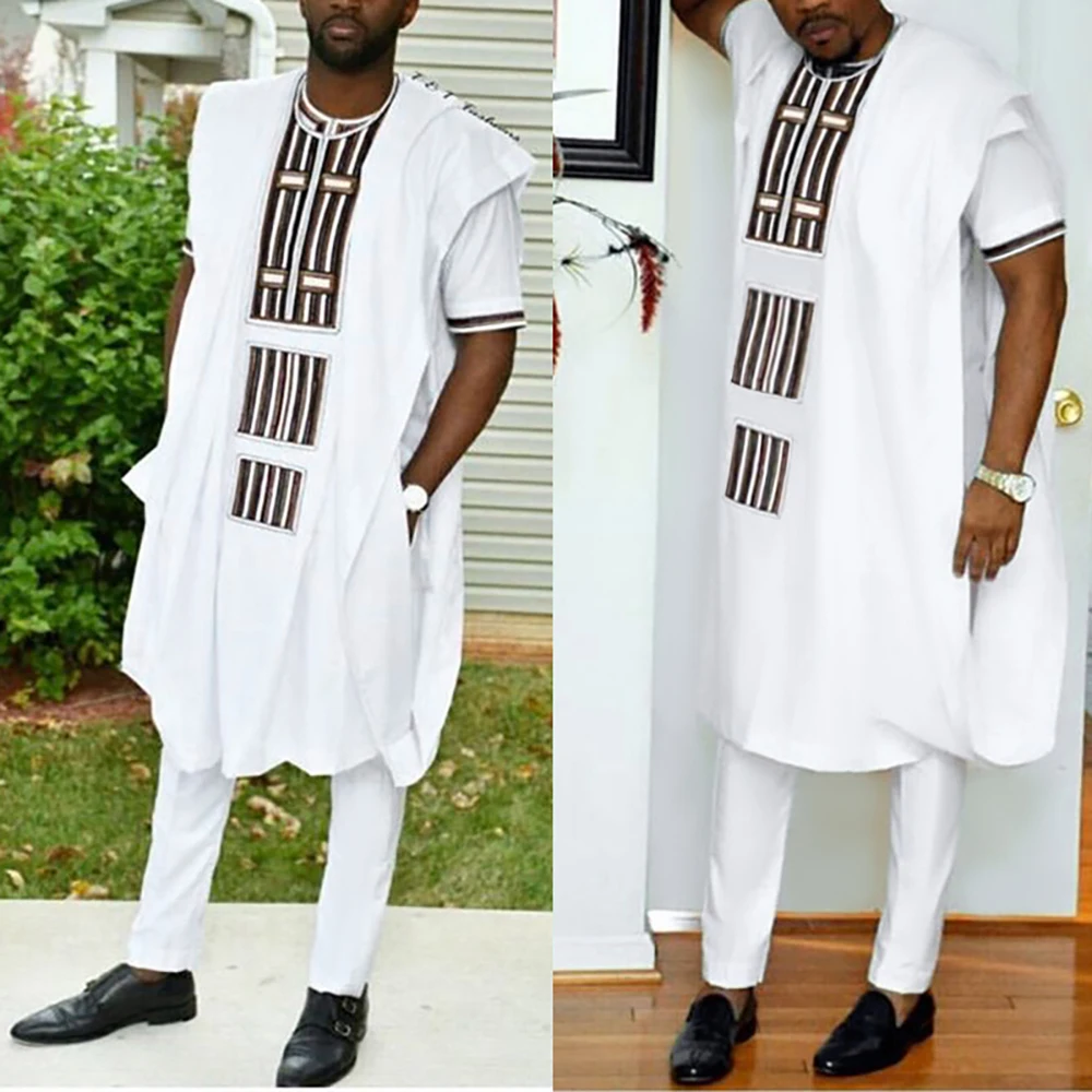 H&D 2022 African Boubou Men Agbada 3 pieces Set Dashiki Mens Shirt Pants Suit Embroidered Clothes Wedding Tops Pants Suit PH3058