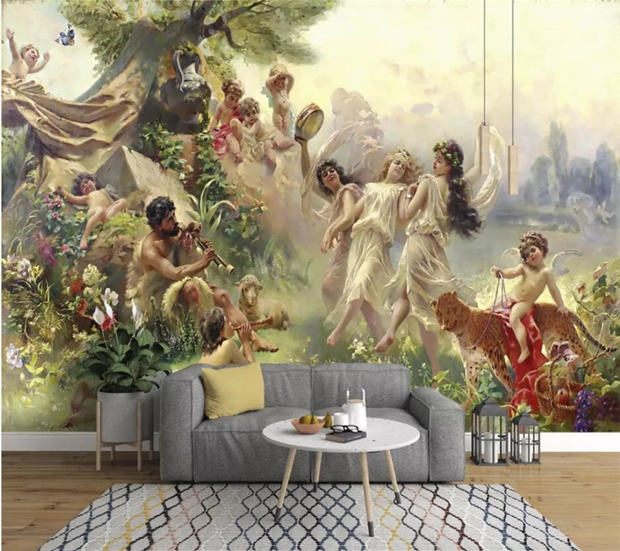 

wellyu Customized large wall painter with European classical oil painting angel paradise party dancing mural background wall