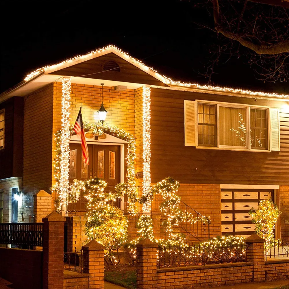 5/10m conduziu 8 modos luzes de suspensão da árvore de natal a pilhas apontadas luzes da corda do bulbo com temporizador para a decoração da festa