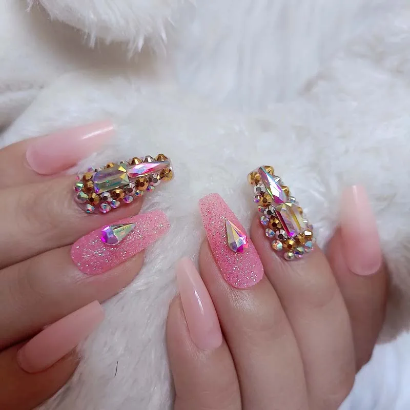 24pcs latest candy long ballet press on nails handmade crystal diamond fake nails sexy Nude