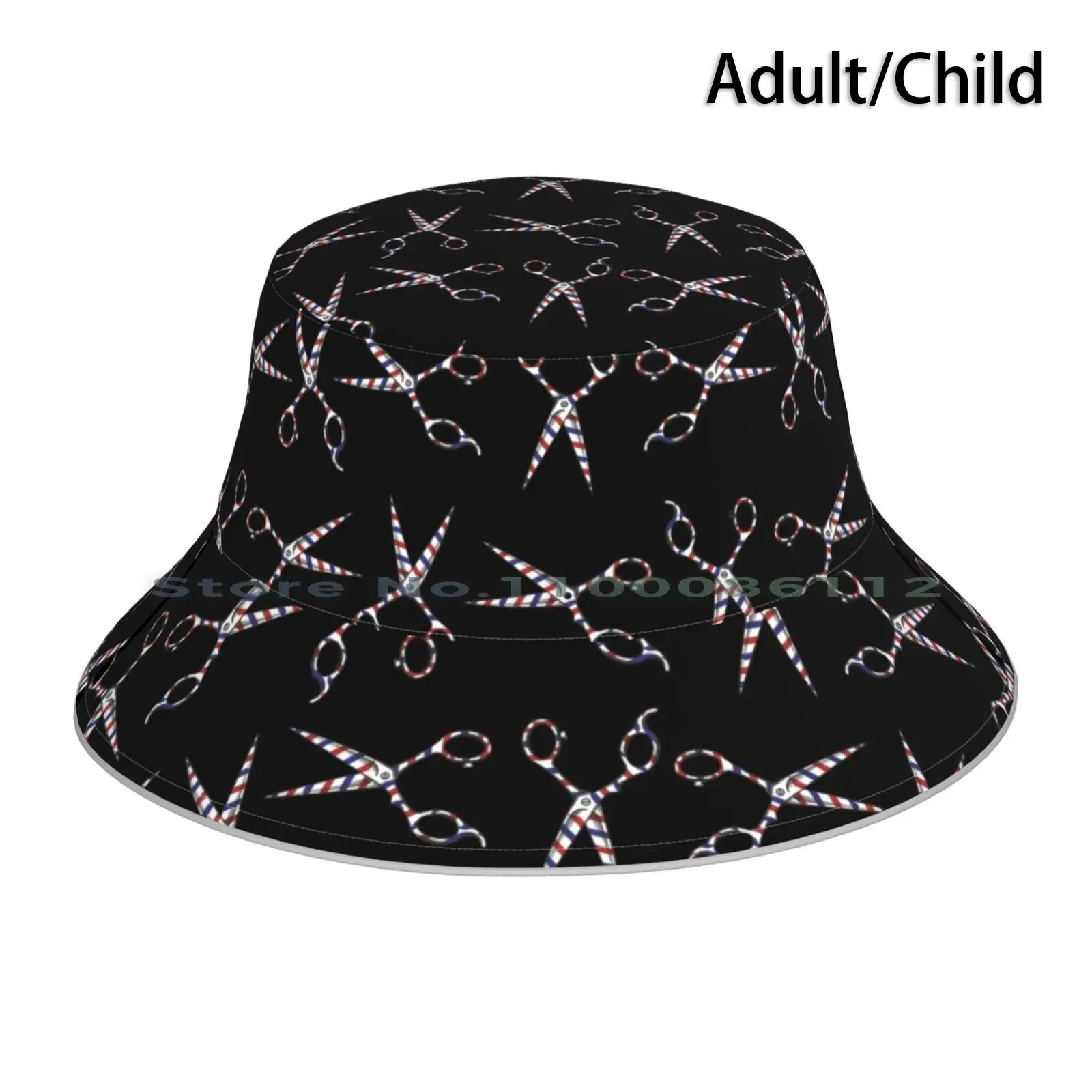 Black Scissors Pattern Vintage Haircut Trendy Stripes Bucket Hat Sun Cap Pink Blue White Gray Red Hairstylist Gift Barbershop