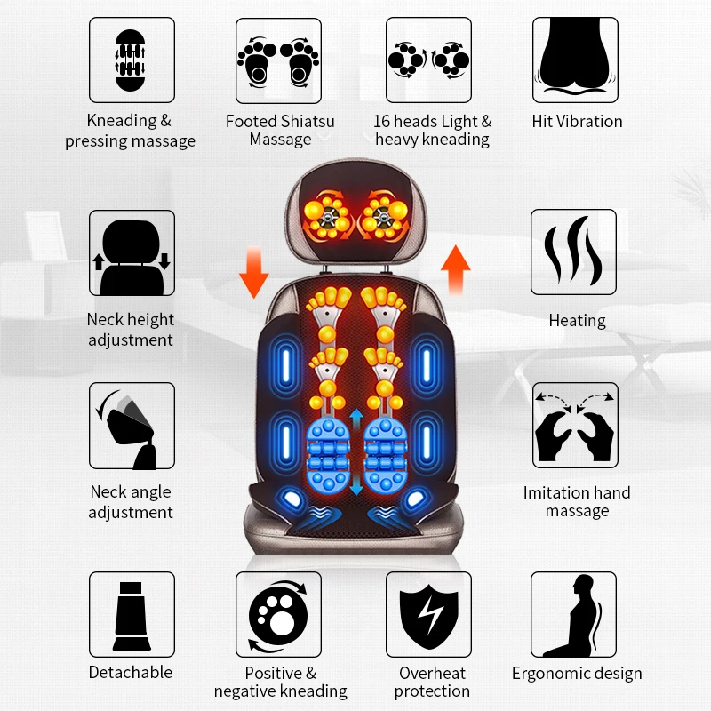 Vibrating Electric Cervical Neck Back Body Cushion Massage Chair Muscle Stimulator Heated Remote Control Pad Fatigue Relife Gift