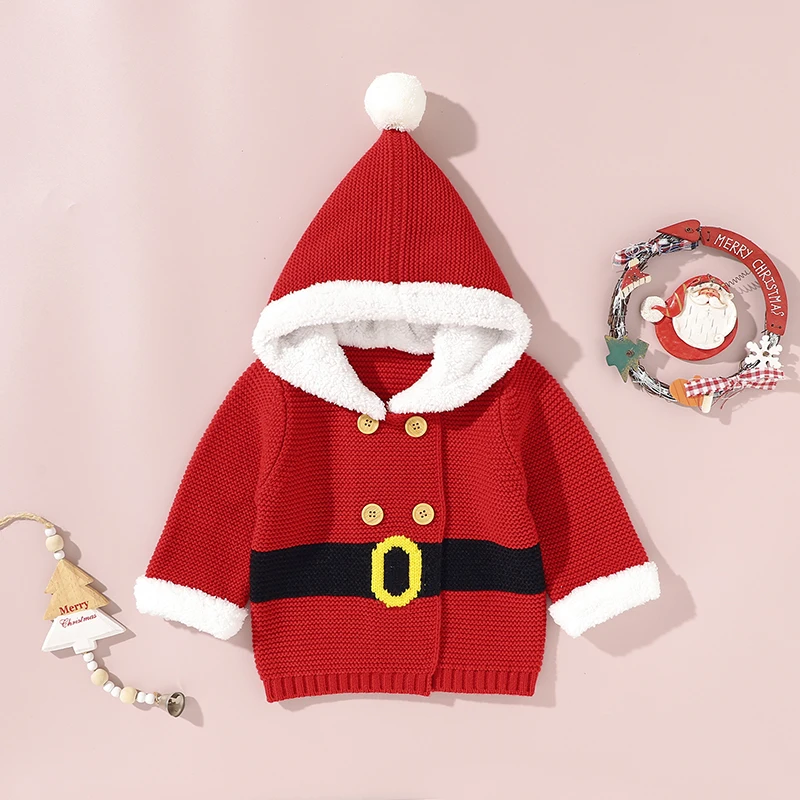 Christmas Baby Sweater Knit Newborn Girls Boys Tops Hooded Cute Pompom Toddler Child Warm Xmas Clothing Long Sleeve Winter 0-18M