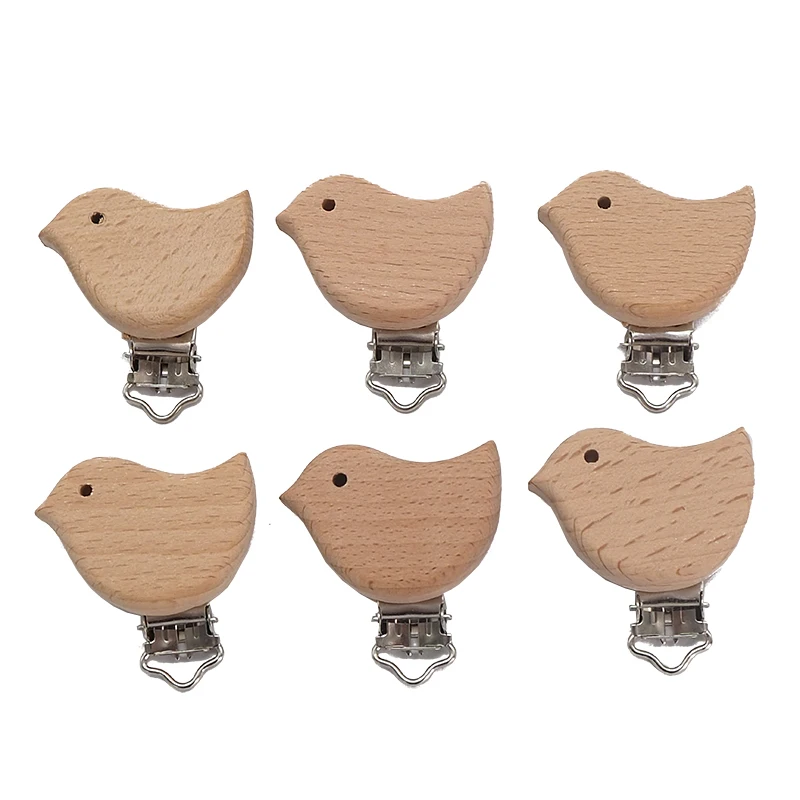 Chenkai 5PCS Wooden Bird Pacifier Clips DIY Organic Eco-friendly Unfinished Nature Baby Pacifier Rattle Teething Grasping Toy