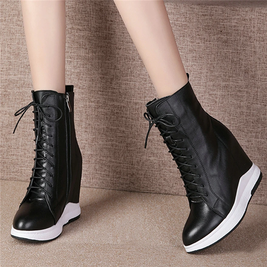 Platform Pumps Shoes Women Lace Up Genuine Leather Wedges High Heel Ankle Boots Female Round Toe Fashion Sneakers Casual Shoes