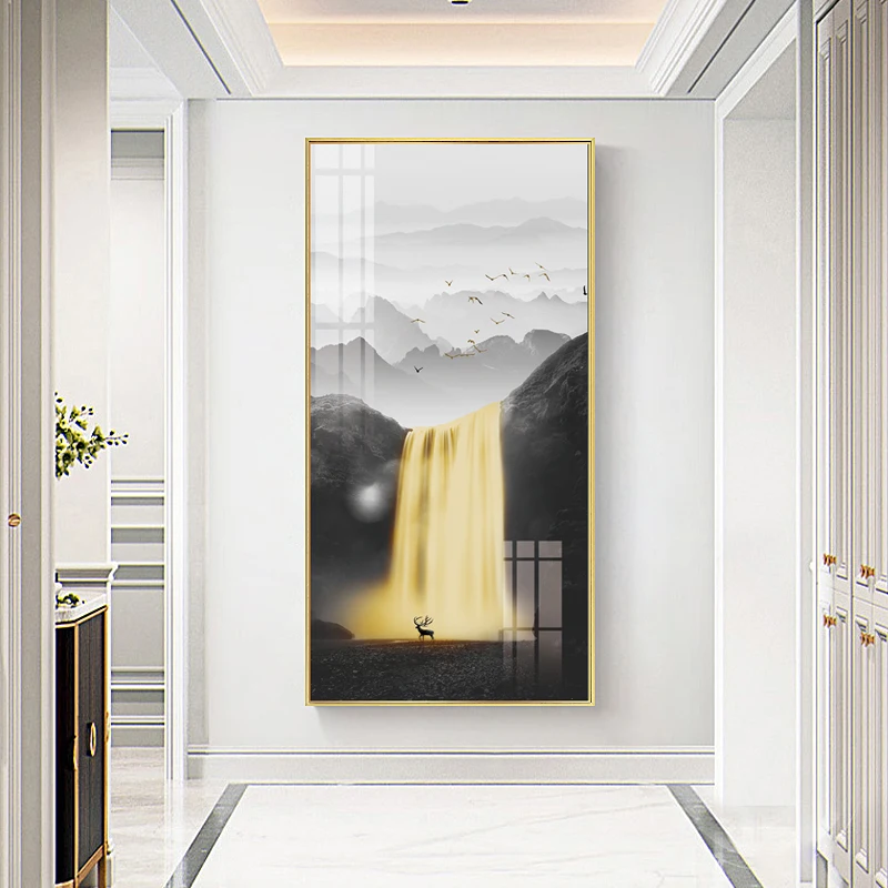

Ink Mountain Golden Waterfall Landscape Painting China Canvas Painting Modern Poster Prints Wall Pictures for aisle Home Decor