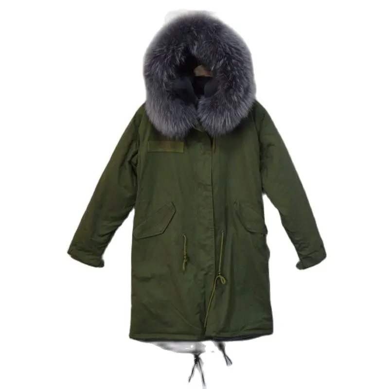 Brand Newest Deeper Grey Fashion Long Mr Fur Jacket Army Green Winter Mrs Grey fur Parka Wholesale Women Wear