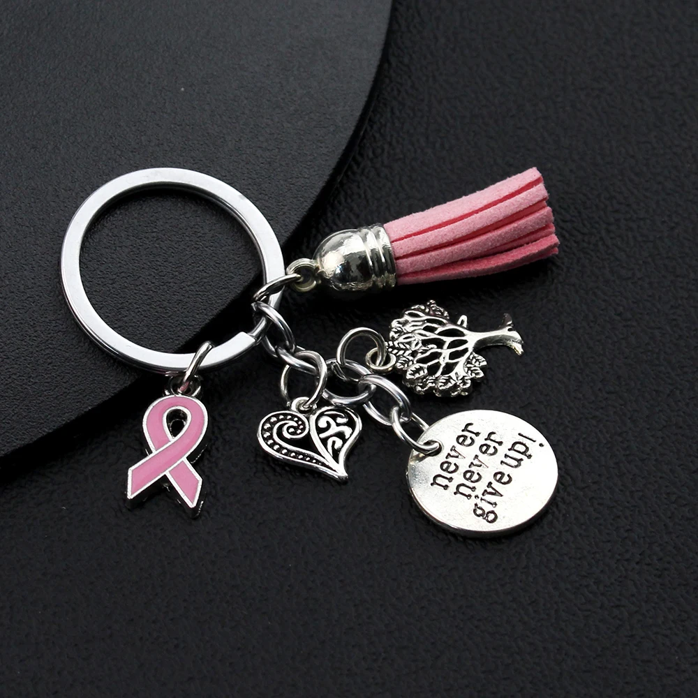 Breast Cancer Awareness Pink Ribbon Tassel Keychains Keyring Heart Life Tree Never Give Up Charms Key Chain Jewelry