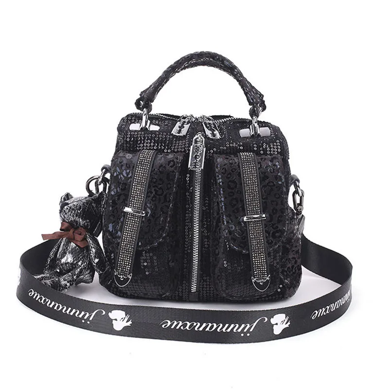 Diamond Sequin Leather Women\'s Backpack Fashion Luxury Shoulder Bag Mochila Teenage Girl Small School Bags Black Travel Knapsack