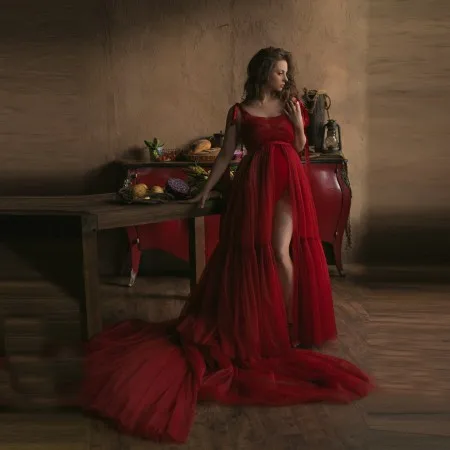 

Charming Red Two Pieces Pregnancy Photoshoot Dresses With Bow Straps Stretchy Bodysuit Tulle Overskirt With Long Train Maternity