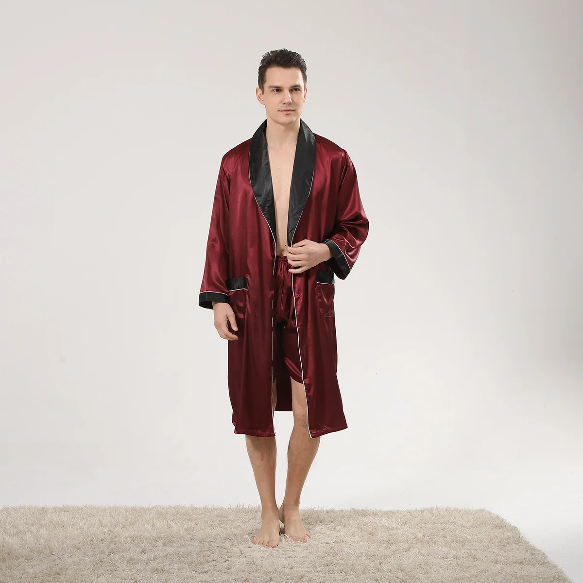 Burgundy Spring Summer Thin Men’s Satin Robe Lightweight Long Sleeve Silk Kimono Bathrobe with Shorts Set Sleepwear