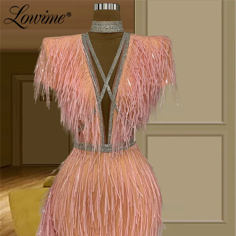 Lowime Couture Sequins Pink Celebrity Dresses Evening Gown Plus Size 2021 New Arrival Luxury Full Sleeves Mermaid Party Dress