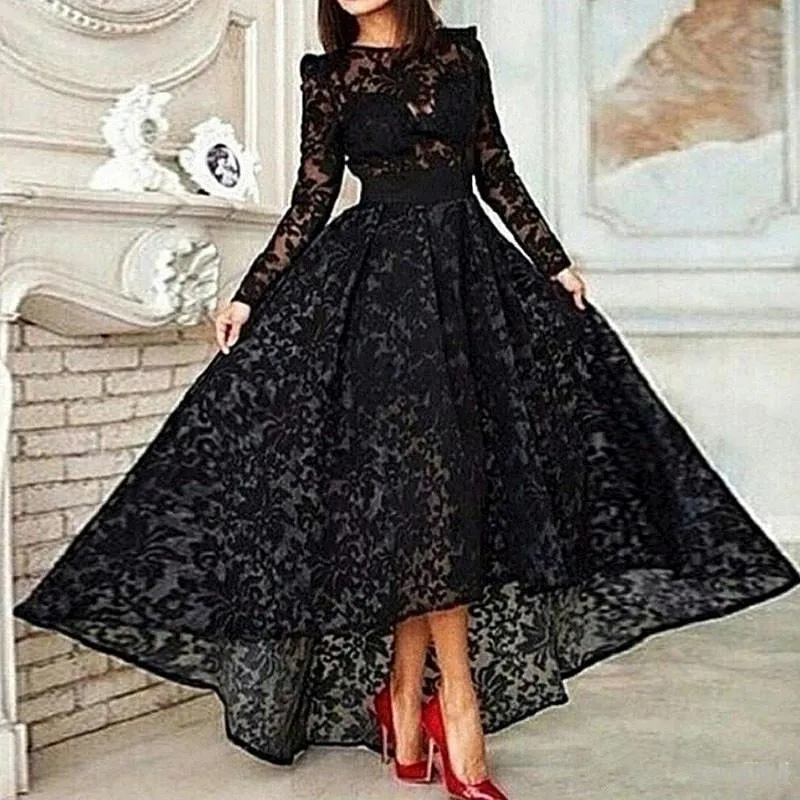 Black Muslim Evening Dresses A-line Long Sleeves Tea Length Lace Islamic Dubai Saudi Arabic Long Elegant Evening Gown