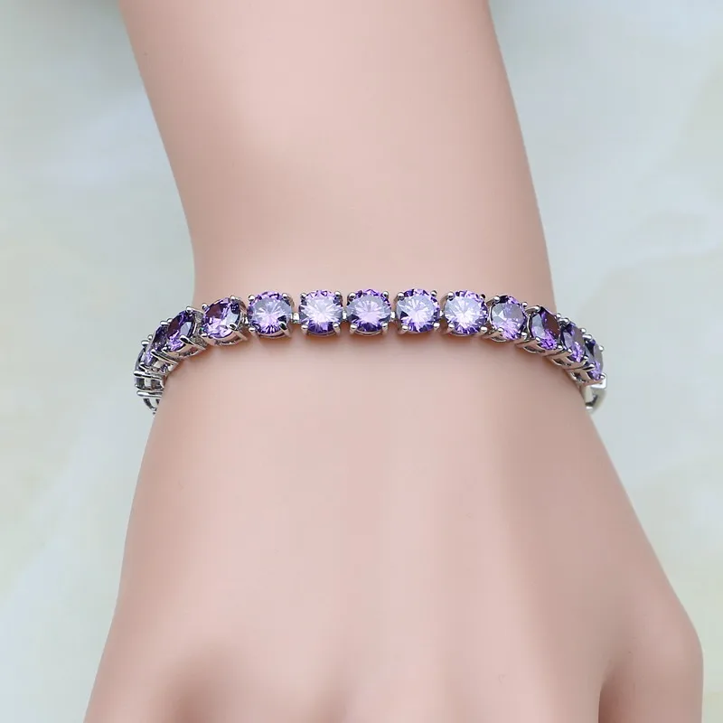 

Office 925 Sterling Silver Bridal Jewelry Round Purple Cubic Zirconia Charm Bracelet Chain Link Bracelet For Women Free Gift Box