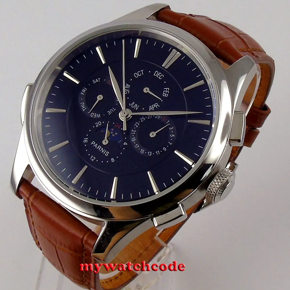 

43mm Parnis Blue/White Dial Power Reserve Indiactor Leather Strap Automatic Men's Watch Relogio Masculino