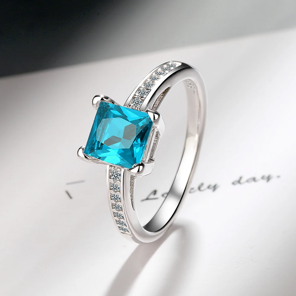 Exquisite 925 sterling silver iridescent zircon ring, sizes 5-10, four-prong square diamond, elegant jewelry gift for goddesses.