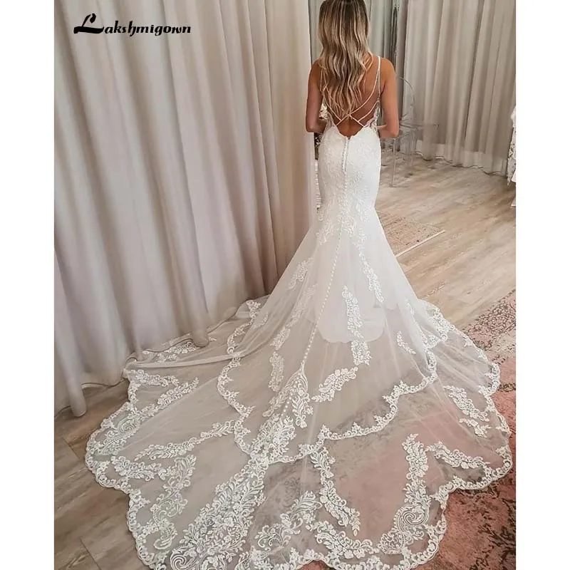 

Sexy Backless V Neck Mermaid Wedding Dresses Appliques With Long Train Lace Dress Bridal Gown for Women Bride Vestido De Novia