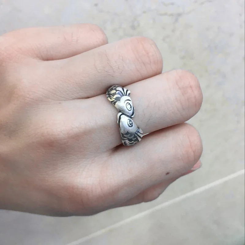 925 Sterling Silver  Open Rings For Women Fashion Girl Sterling-silver-jewelry Fish Rings for Women Adjustable Size Ring