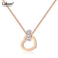 Lokaer Luxury Cubic Zirconia Circle Heart Charm Pendant Necklaces Rose Gold Color Stainless Steel Chain Neckalce Jewelry N17063
