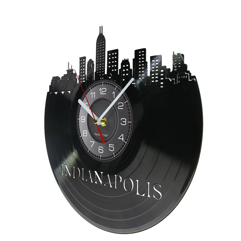 Indianapolis Skyline Longplay Record Wall Clock Hoosier State Vintage Indy Cityscapes Home Decor Vinyl Silent Non Ticking Clock