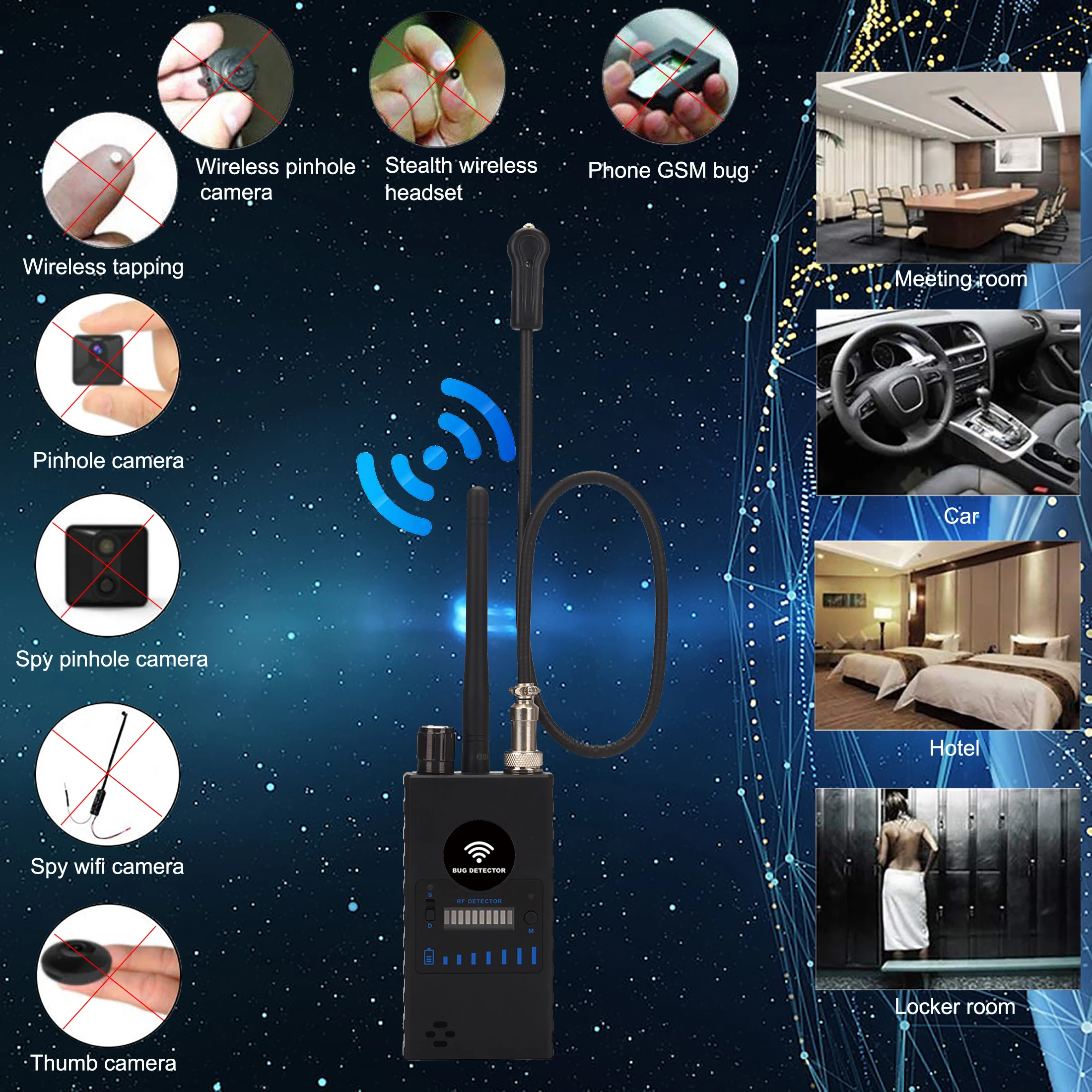 Détecteur RF anti-espion, détecteur de caméra cachée sans fil à haute sensibilité, suivi GPS, dispositif d\'écoute 101, EAU radio