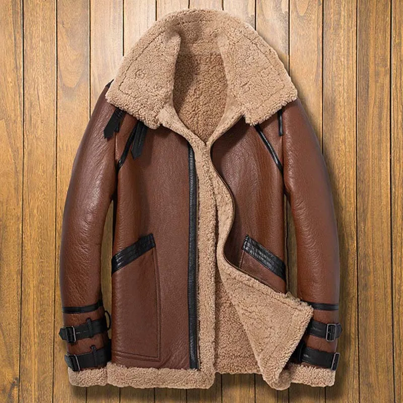 Shearling Coat Mens B3 Bomber Jacket Natural Sheepskin Outerwear Brown Leather Jacket Short Fur Overcoat