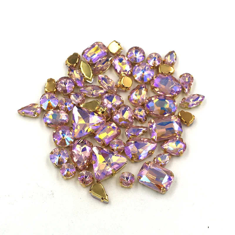 Sell at a loss!mixed shape Pink AB sew on glass claw rhinestones with gold base diy clothing accessories