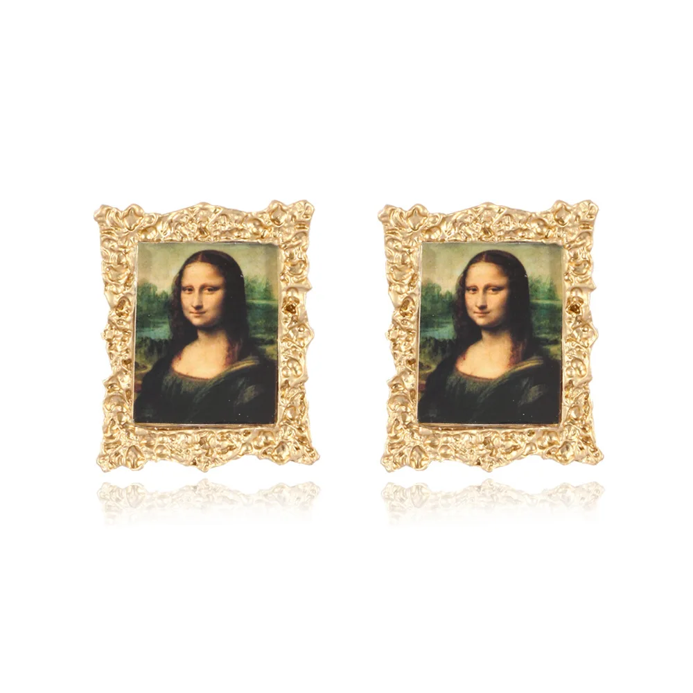 Lost Lady Vintage Mona Lisa Girl Stud Earrings Sunflower Painting Earrings for Women Geometric Earrings jewelry Wholesale Bijoux