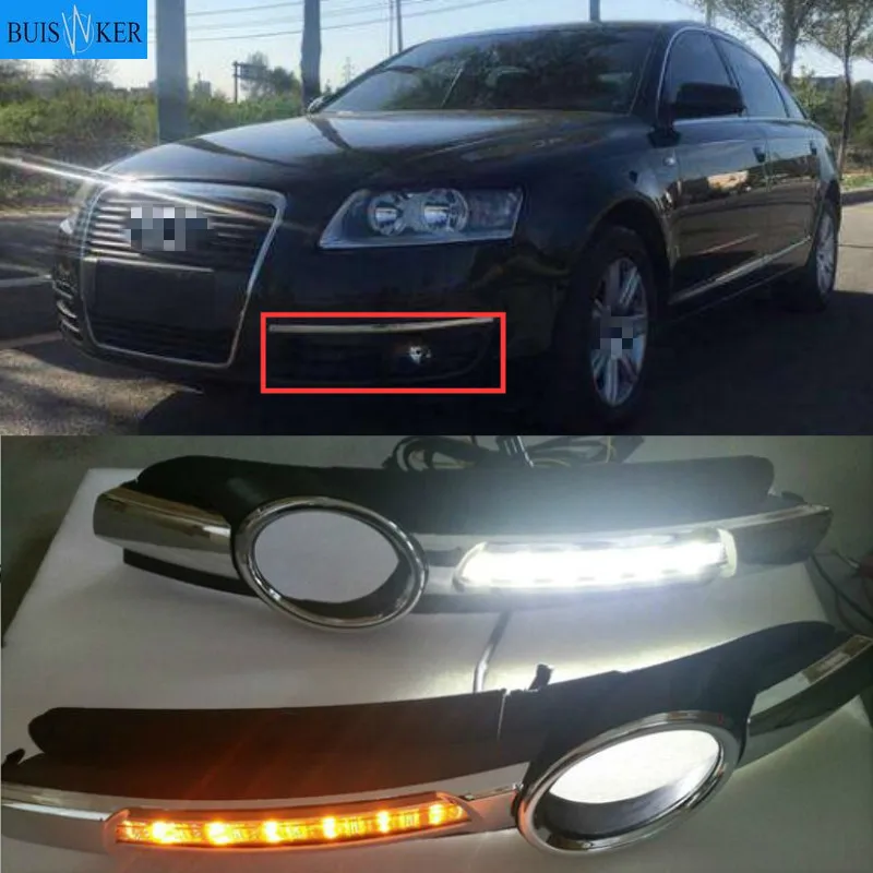 

2Pcs For AUDI A6 C6 2005 2006 2007 2008 LED DRL Daytime Running Lights 12V ABS Fog Lamp Hole With Yellow Turn Signal