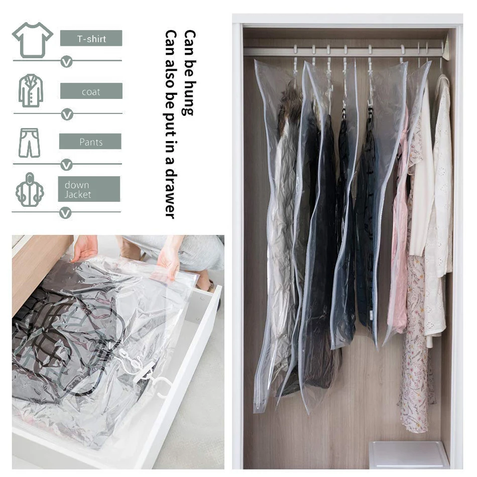 Vacuum Storage Bags For Storing Clothes,Space Saving Wardrobe Compressed Bag With Hanger,Side Pull Closet Organizer Dust Cover