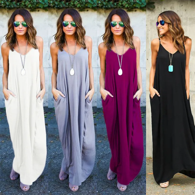 Pocket Loose Comfortable Maxi Dress Woman Fashion Beach Cami Dresses Boho Basic Summer Outfit