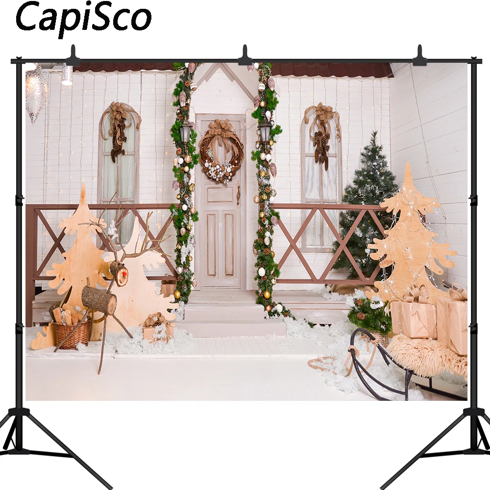 

Capisco Christmas Photography Backdrops Xmas Tree Snow Wood House Holiday Celebration Party Photo Shoot Studio Background Props