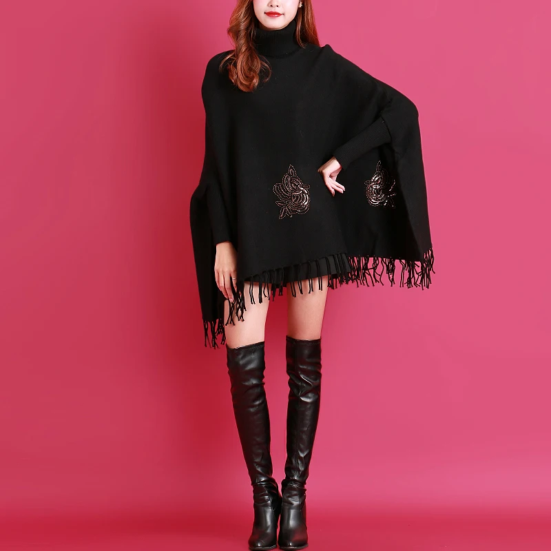 Wholesale Turtleneck Crochet Lady Sweater Poncho Tassel Cape Patterns Embroidery Letter Pullover Shawl Scarves Women Trench Coat