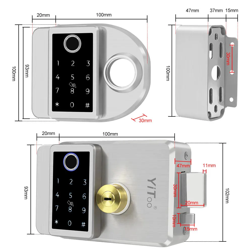 YiToo Wifi Fingerprint Door Lock Stainless Steel IP65 Outdoor Waterproof Lock Tuya Remote Control RFID Cards Unlock USB Battery