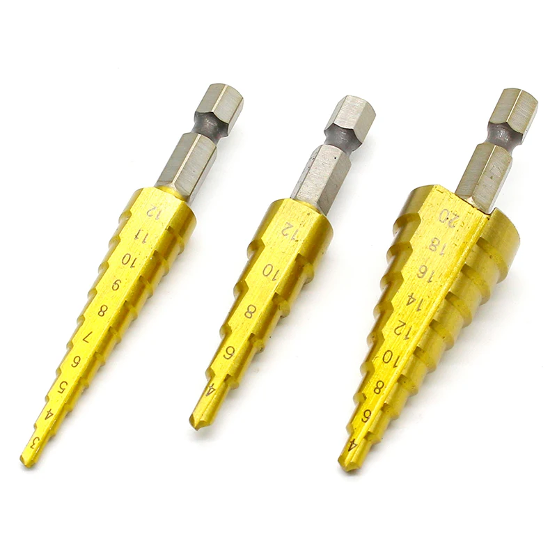 3pcs HSS Steel Titanium Step Drill Bits 3-12mm 4-12mm 4-20mm Step Cone Cutting Tools Steel Woodworking Wood Metal Drilling Set