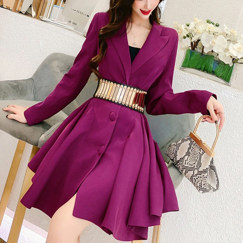 

Women Autumn Winter Purple Casual Slim Mini Dress Wrap V Neck Long Sleeve Belt Fashion A-Line Buttons Notched High Waist Vestido