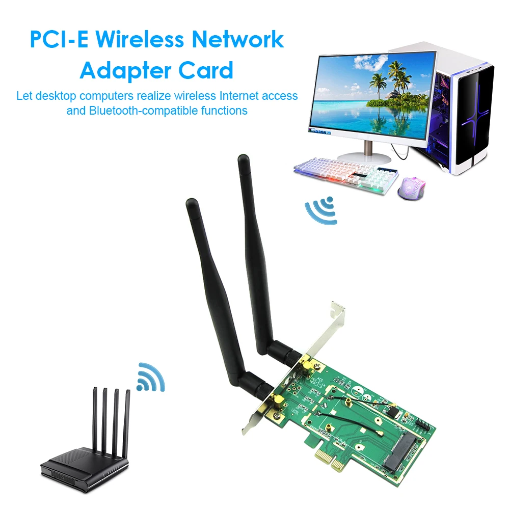 Wireless WiFi Network Card Mini PCI Express PCI-E to PCI-E 1X Desktop Adapter Bluetooth-compatible Converter with 2 Antenna