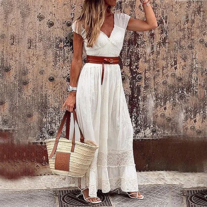 

Summer Dress Women Vintage V Neck Belt Ladies Long Party Dress Female Solid Hollow Out Lace Loose Bohemian Maxi Dresses Vestidos